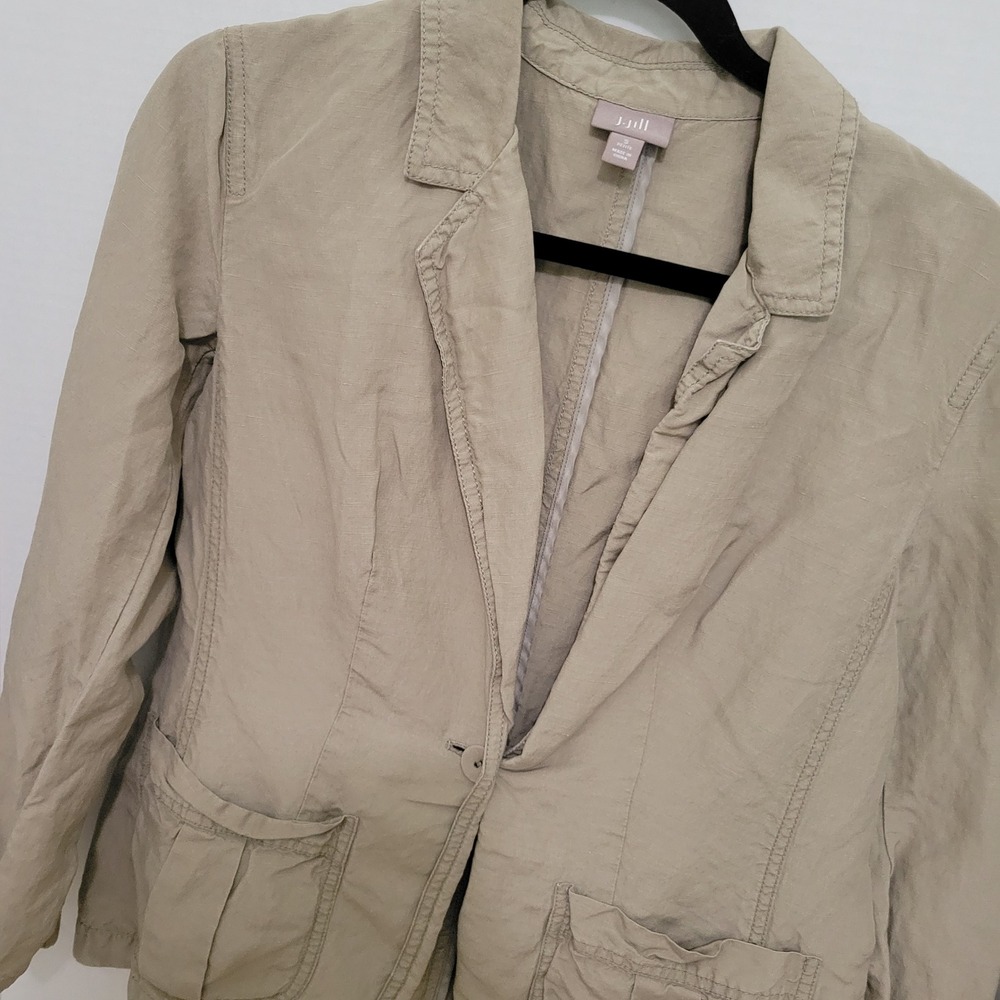 J. Jill Silk Linen Blazer Jacket Tan Khaki Petite Small Single Button Sz S Pet